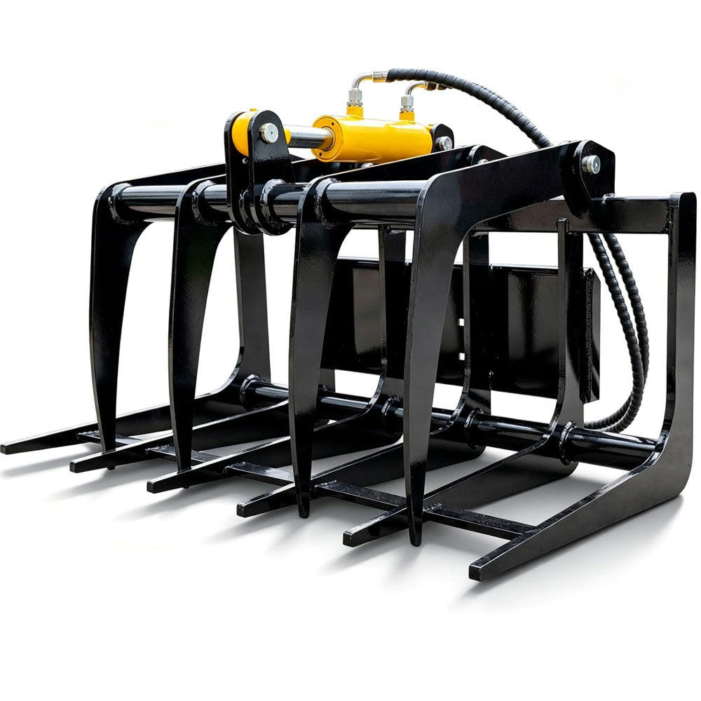 Black 40-inch root grapple attachment for mini skid steer loader with hydraulic cylinder