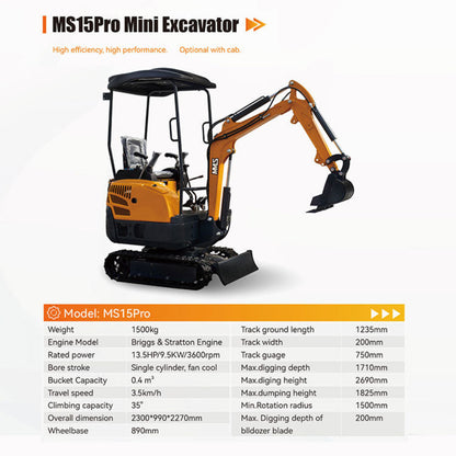 1.5-Ton Mini Excavator,13.5 HP , Briggs & Stratton Petrol Engine-MS15PRO