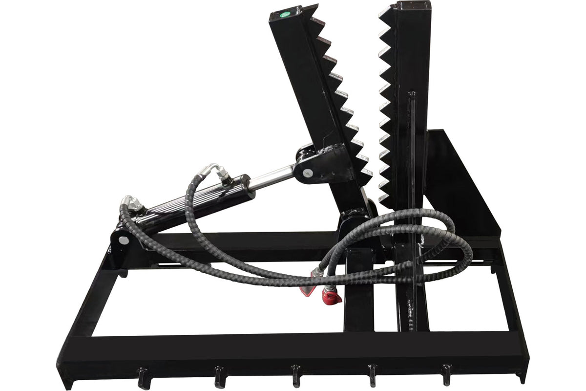 Black skid steer tree puller attachment with hydraulic cylinder and serrated jaws