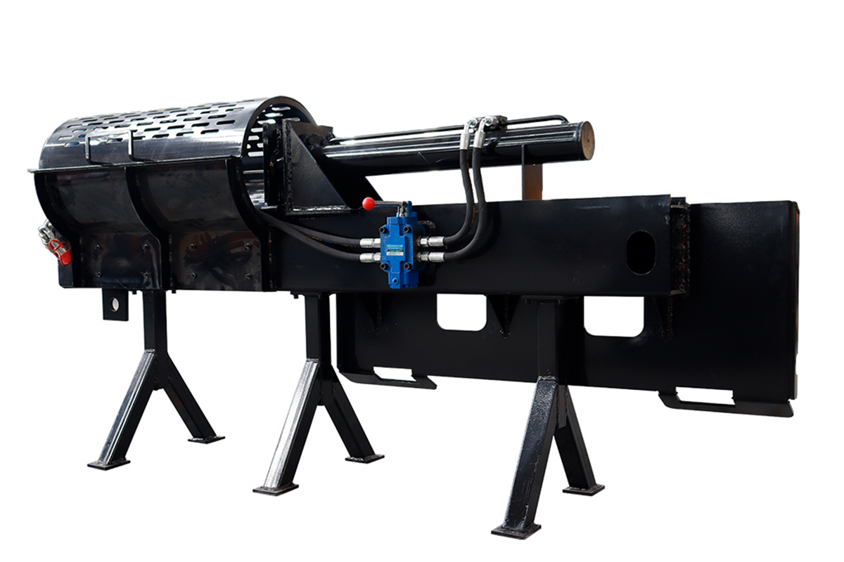 MMS hydraulic log splitter attachment for skid steer loader, black steel design