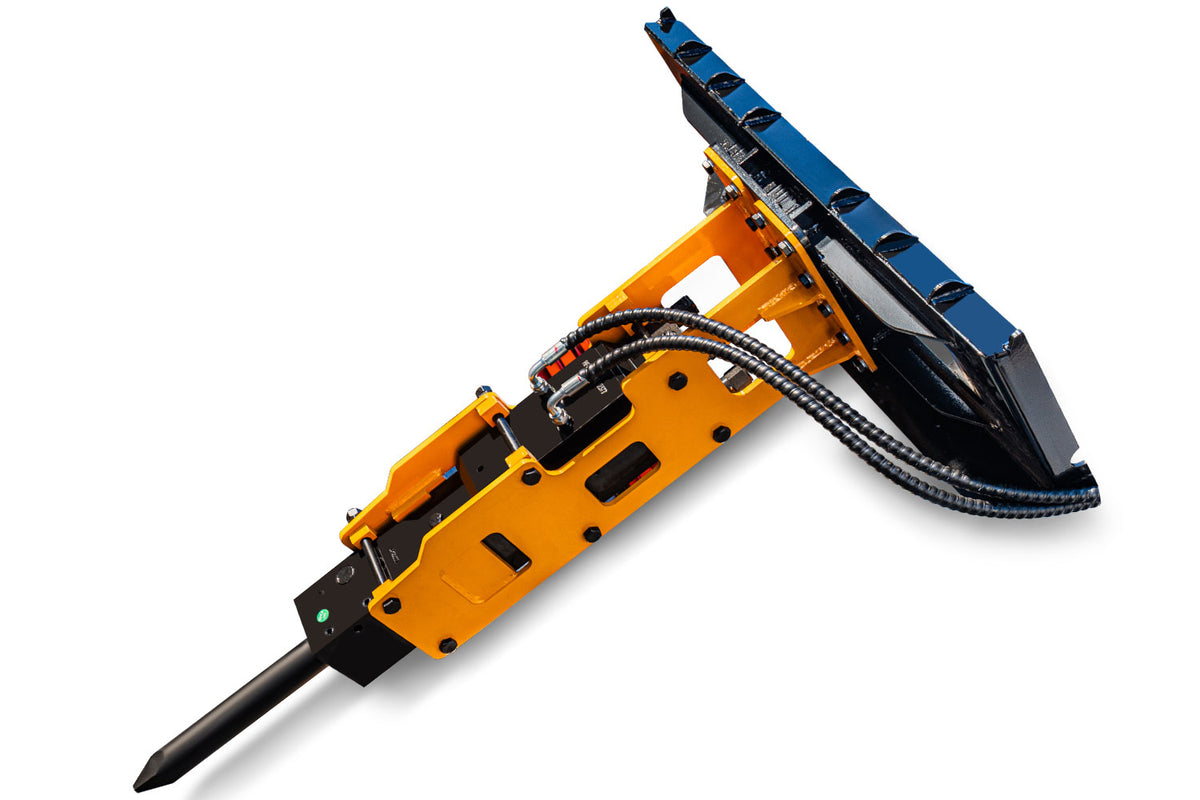 Hydraulic hammer breaker attachment for skid steer loader with chisel and hoses