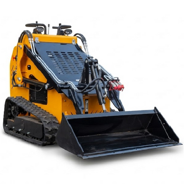 MS480T mini stand-on skid steer track loader with black bucket, yellow body
