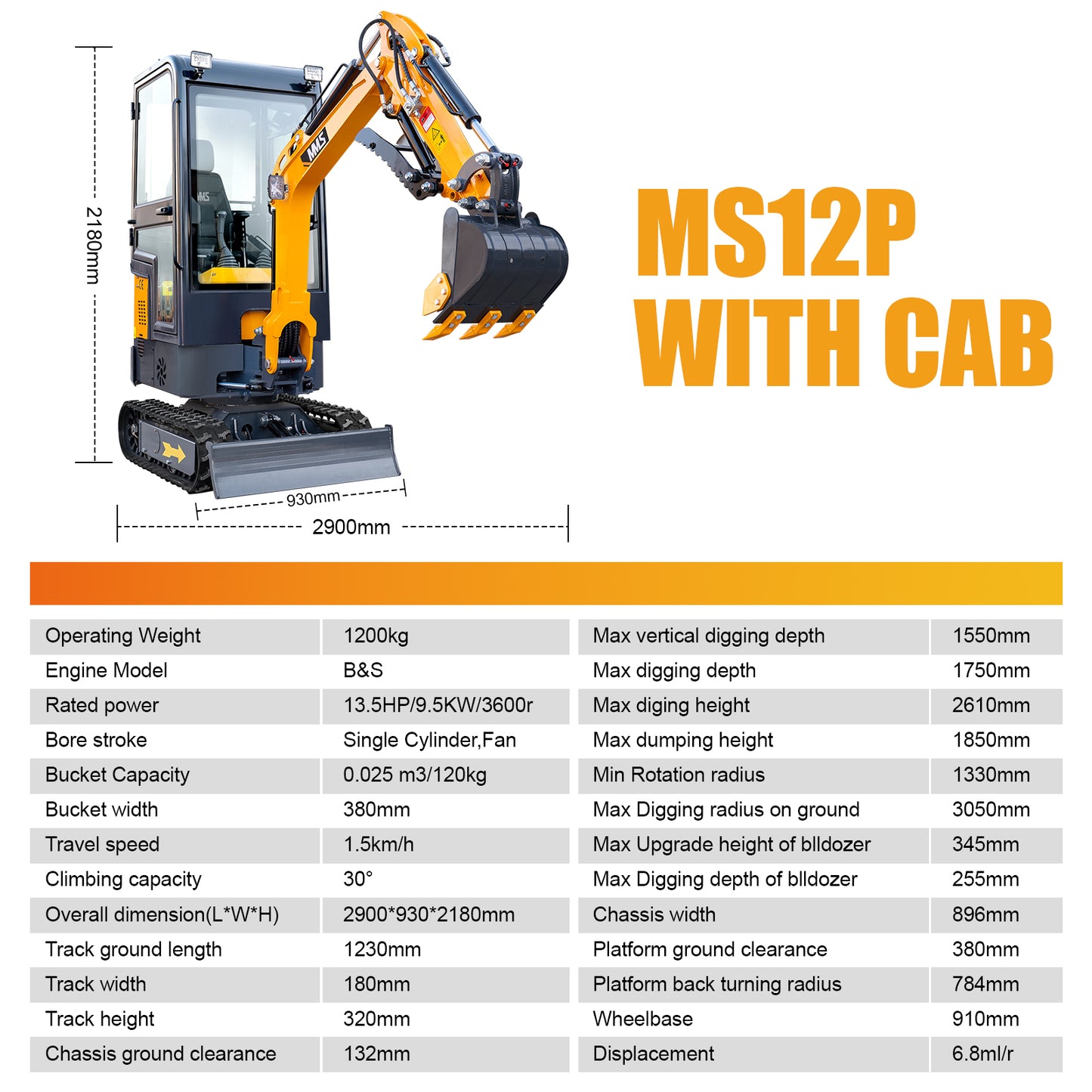 MS12P Mini Excavator B&S Engine, with Cab,Side Swing Boom and Hydraulic Thumb