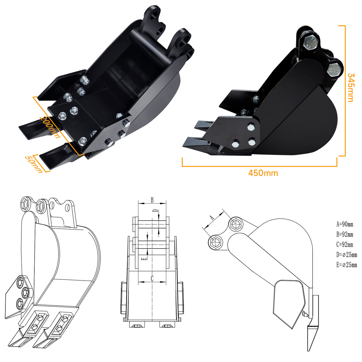 MMS 200mm Mini Excavator Bucket Attachment