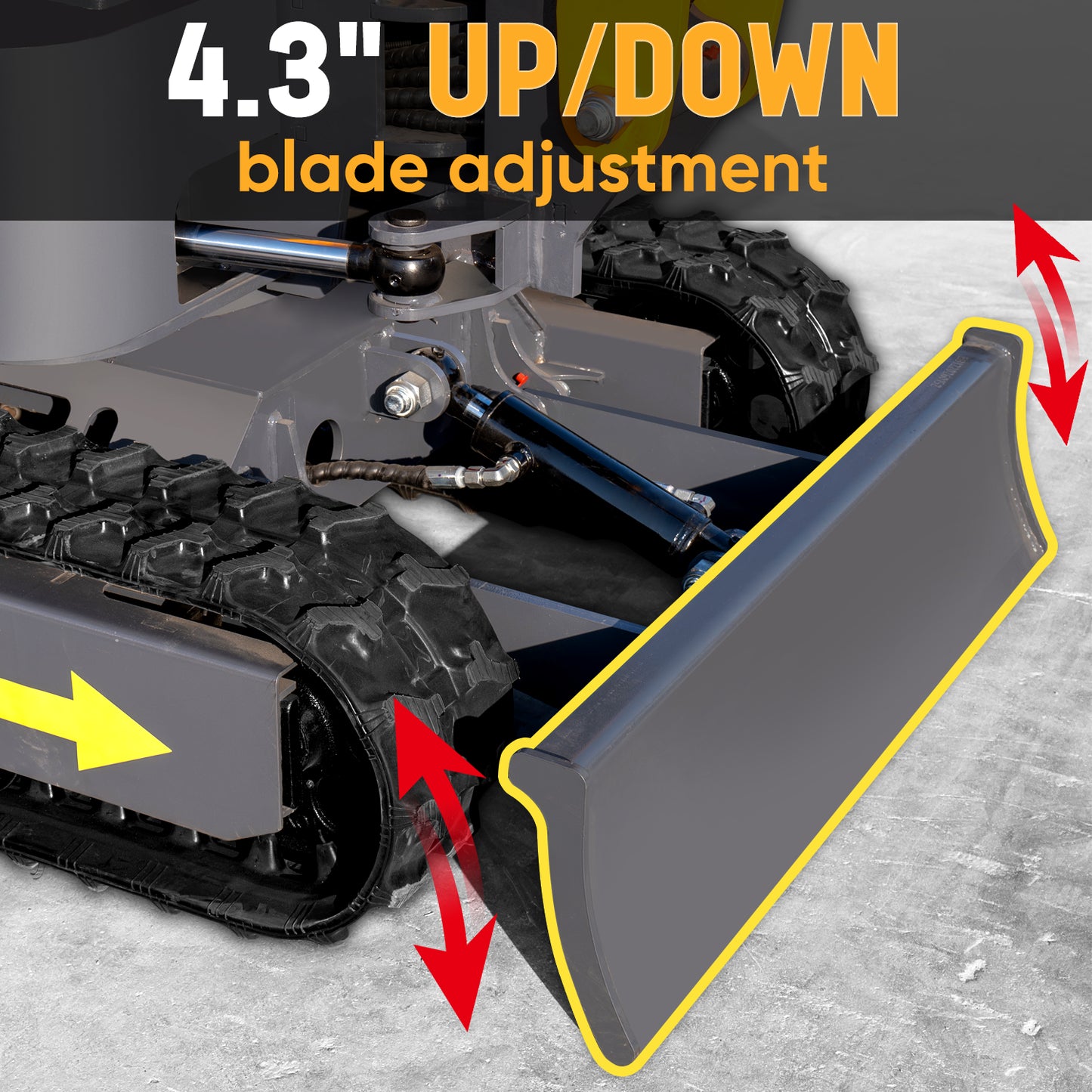 Mini excavator blade with 4.3-inch up/down blade adjustment and hydraulic cylinder