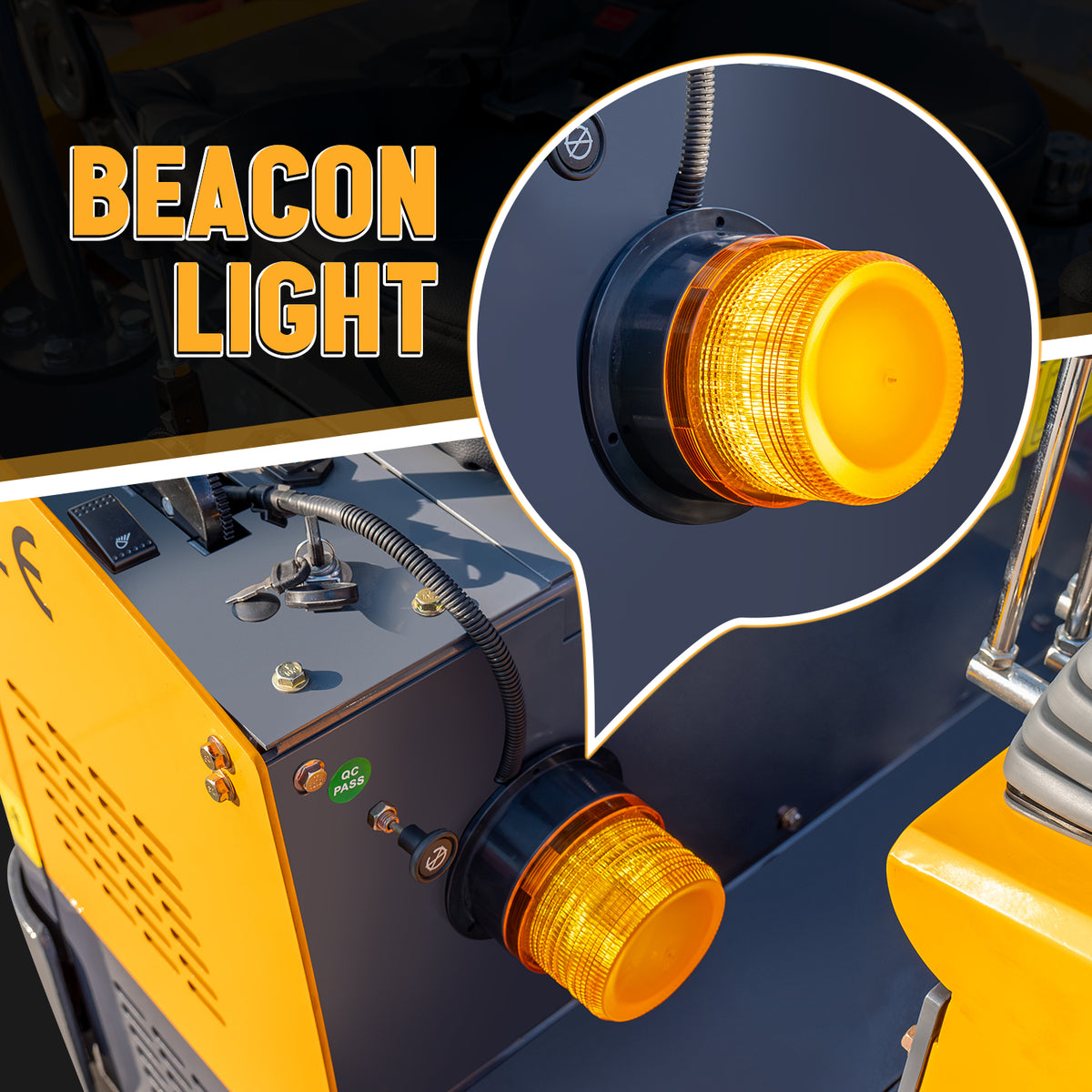 Yellow beacon light on compact excavator, black housing with amber lens