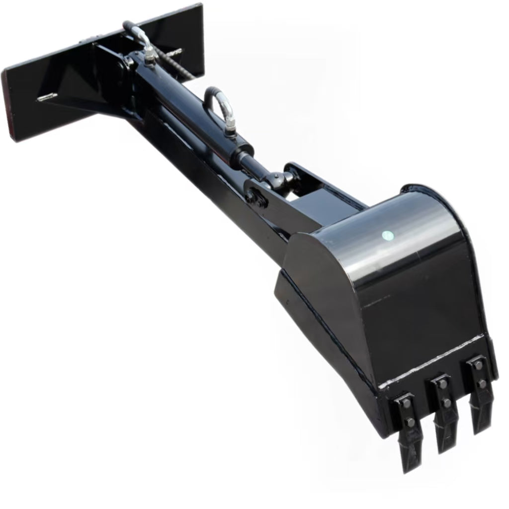 Black MMS backhoe fronthoe attachment with hydraulic arm and digging teeth for skid steer loaders