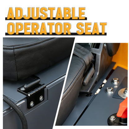 Adjustable operator seat for mini excavator with black padded upholstery and metal controls