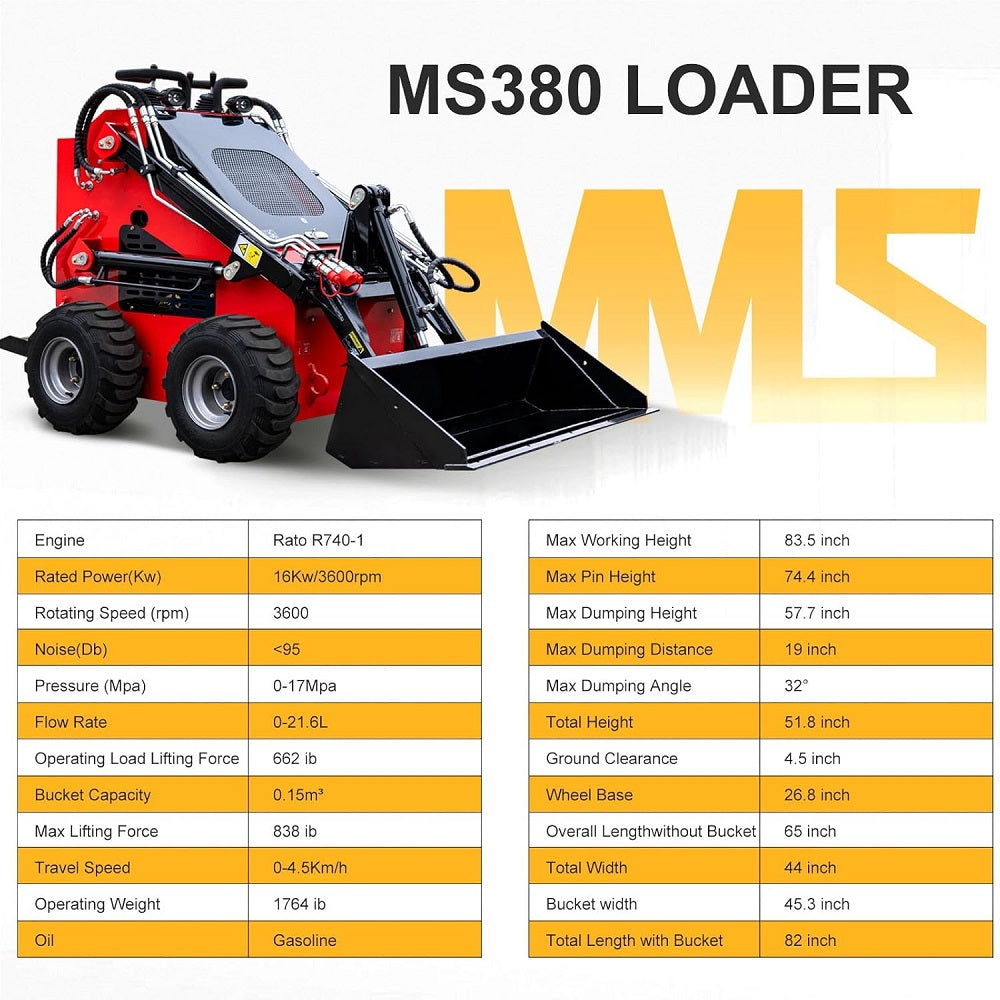 MS380L 23 HP, 800 Kg Mini Stand On Skid Steer Wheel Loader