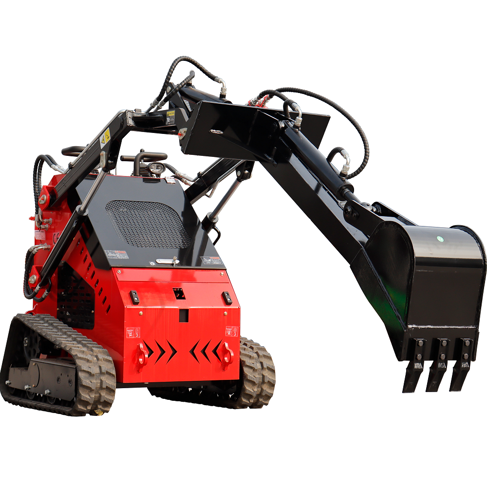 MMS backhoe fronthoe attachment for mini skid steer loaders, black steel bucket and hydraulic arm