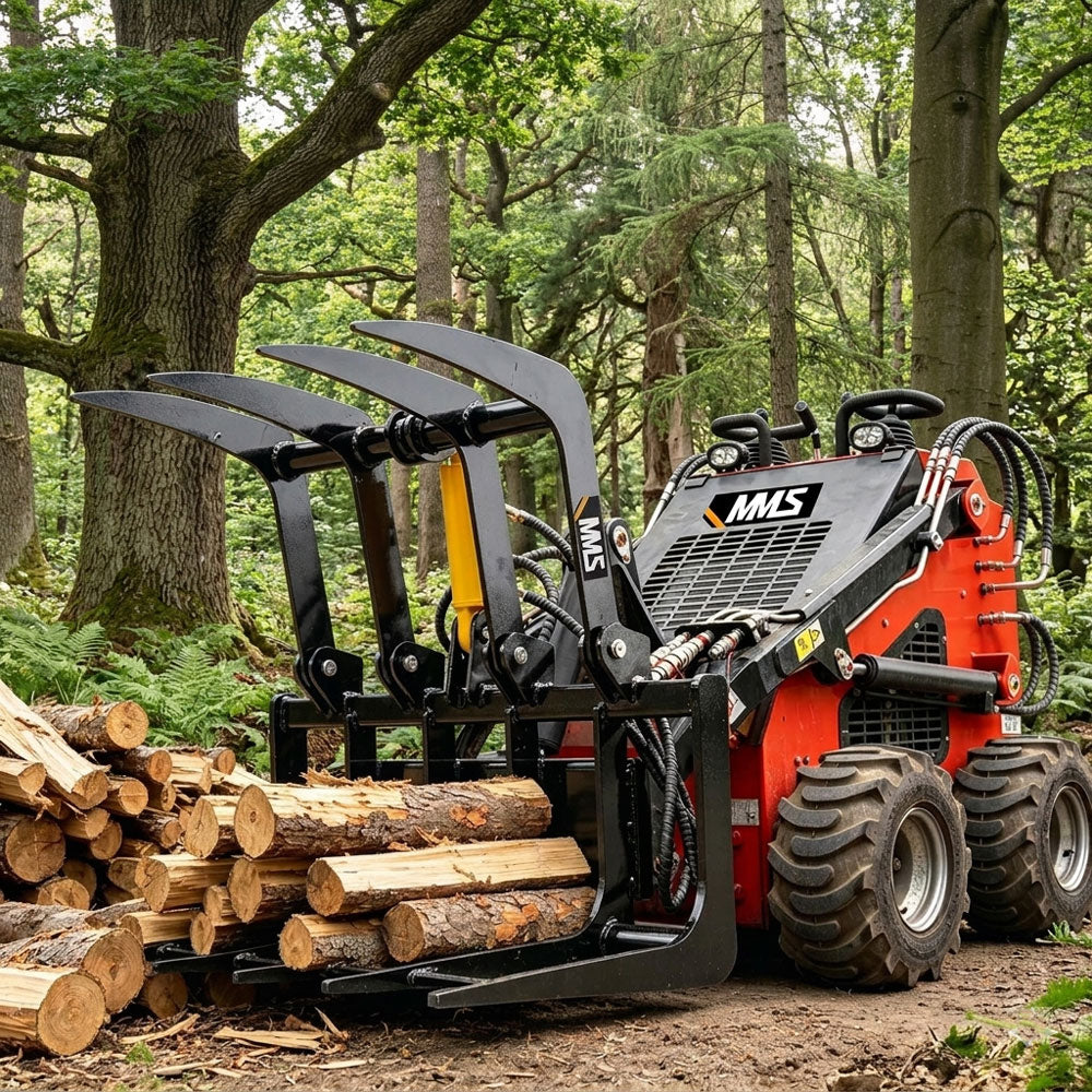 MMS 40-inch root grapple attachment for mini skid steer, lifting logs in forest