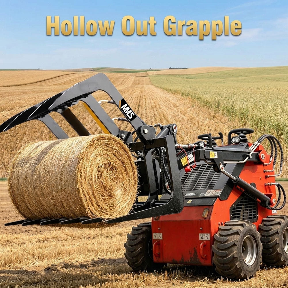 MMS root grapple attachment lifting hay bale on mini skid steer loader