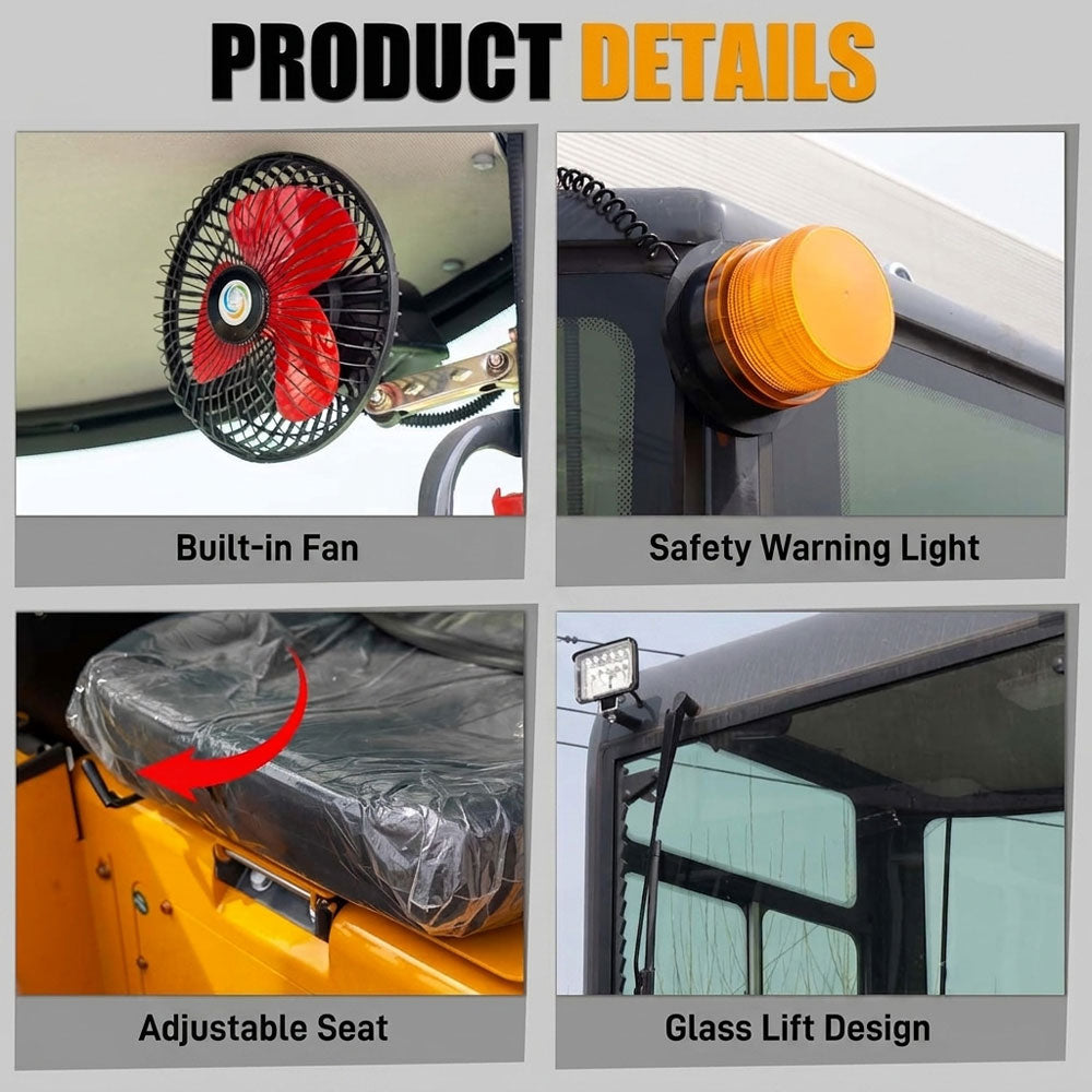 MS15PRO mini excavator cab features built-in fan, safety warning light, adjustable seat, glass lift design