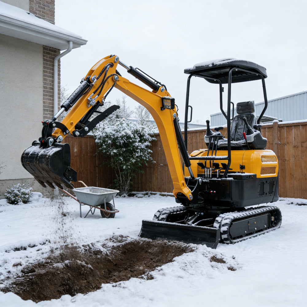 Yellow 2-ton mini excavator with Kubota diesel engine, hydraulic thumb and side swing in snow