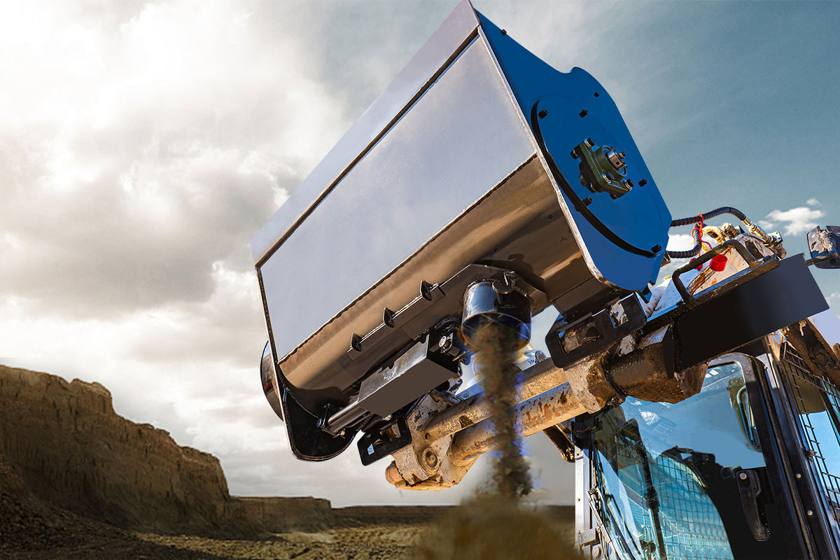 48-inch skid steer concrete mixing bucket attachment on loader, blue and silver steel design
