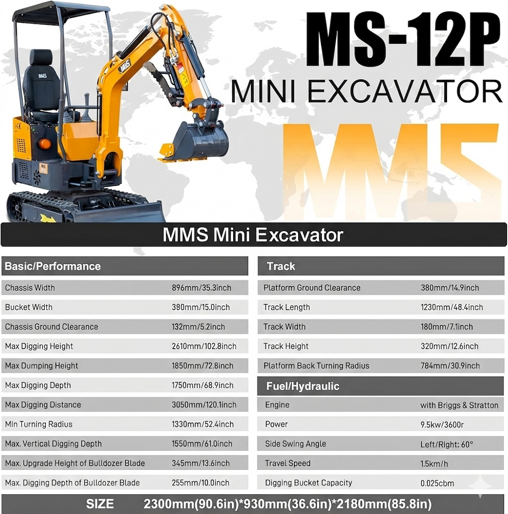 MS-12P mini excavator with Briggs & Stratton engine, side swing boom, hydraulic thumb