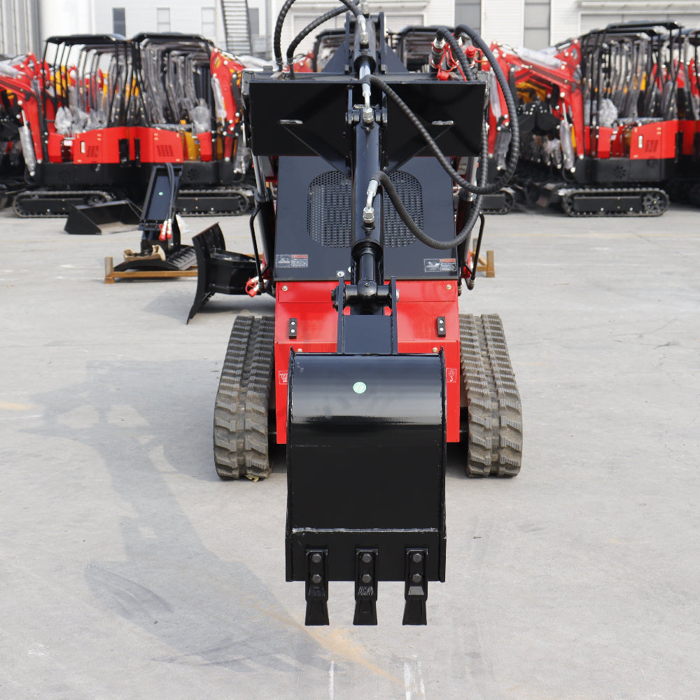 MMS skid steer backhoe fronthoe attachment with black digging bucket and hydraulic hoses