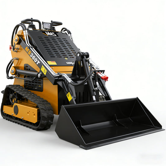 Small tracked loader with a black bucket on a white background