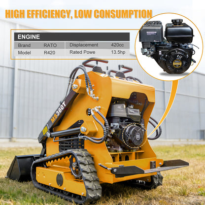Yellow mini skid steer with 13.5hp gas engine details on a grassy background