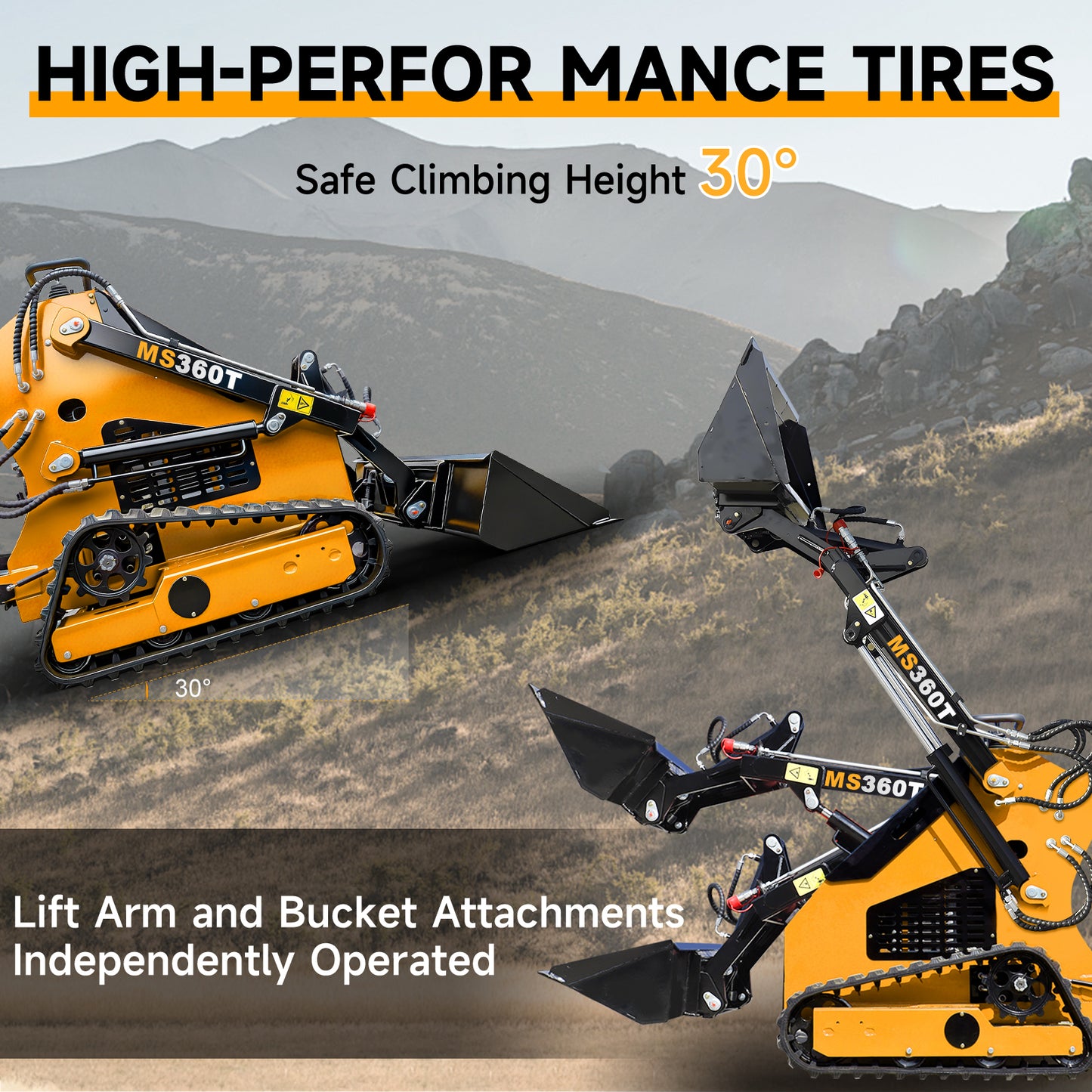 Yellow mini track loader on a mountainous terrain with text about high-performance tires and safe climbing height.