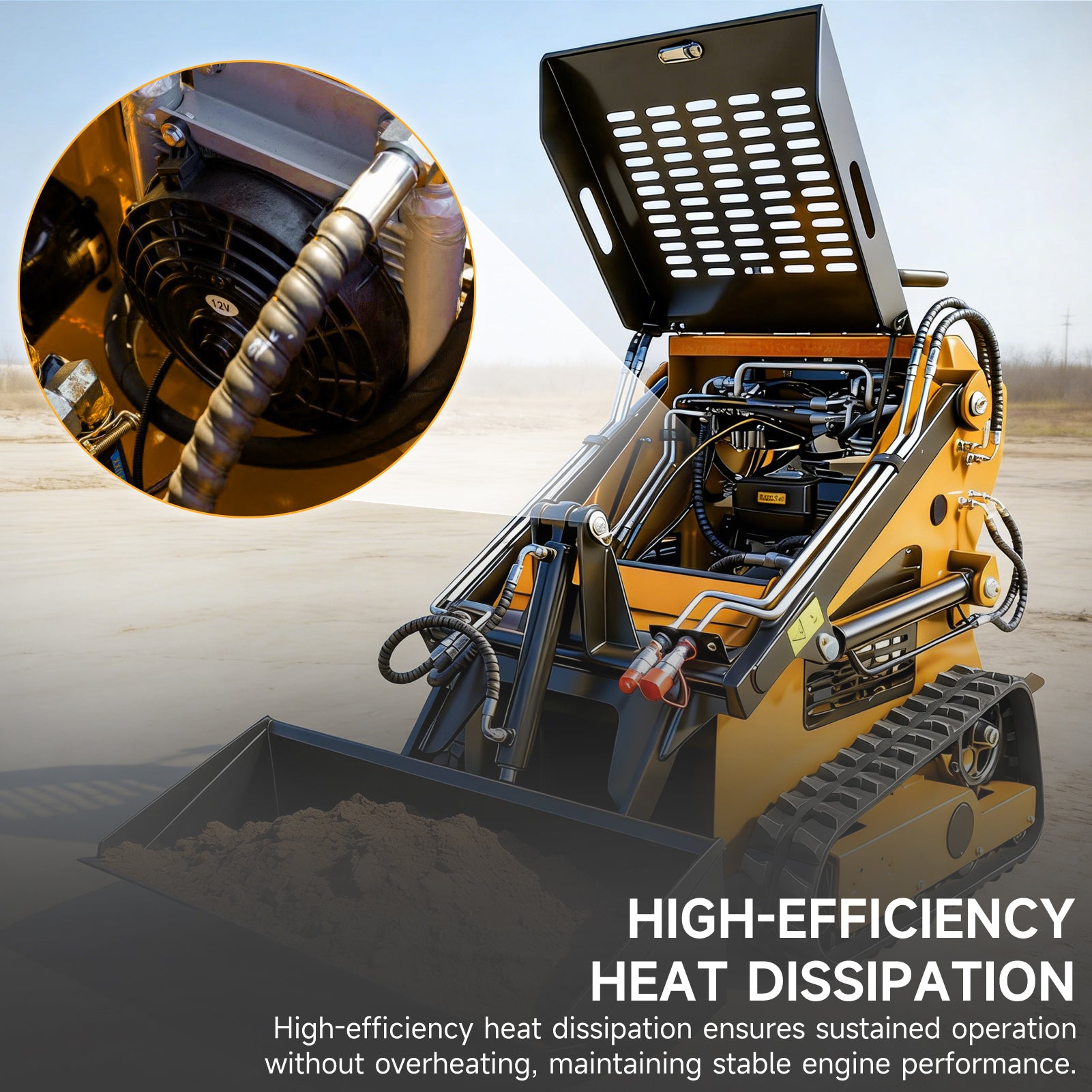 Construction mini skid steer loader with high-efficiency heat dissipation system highlighted