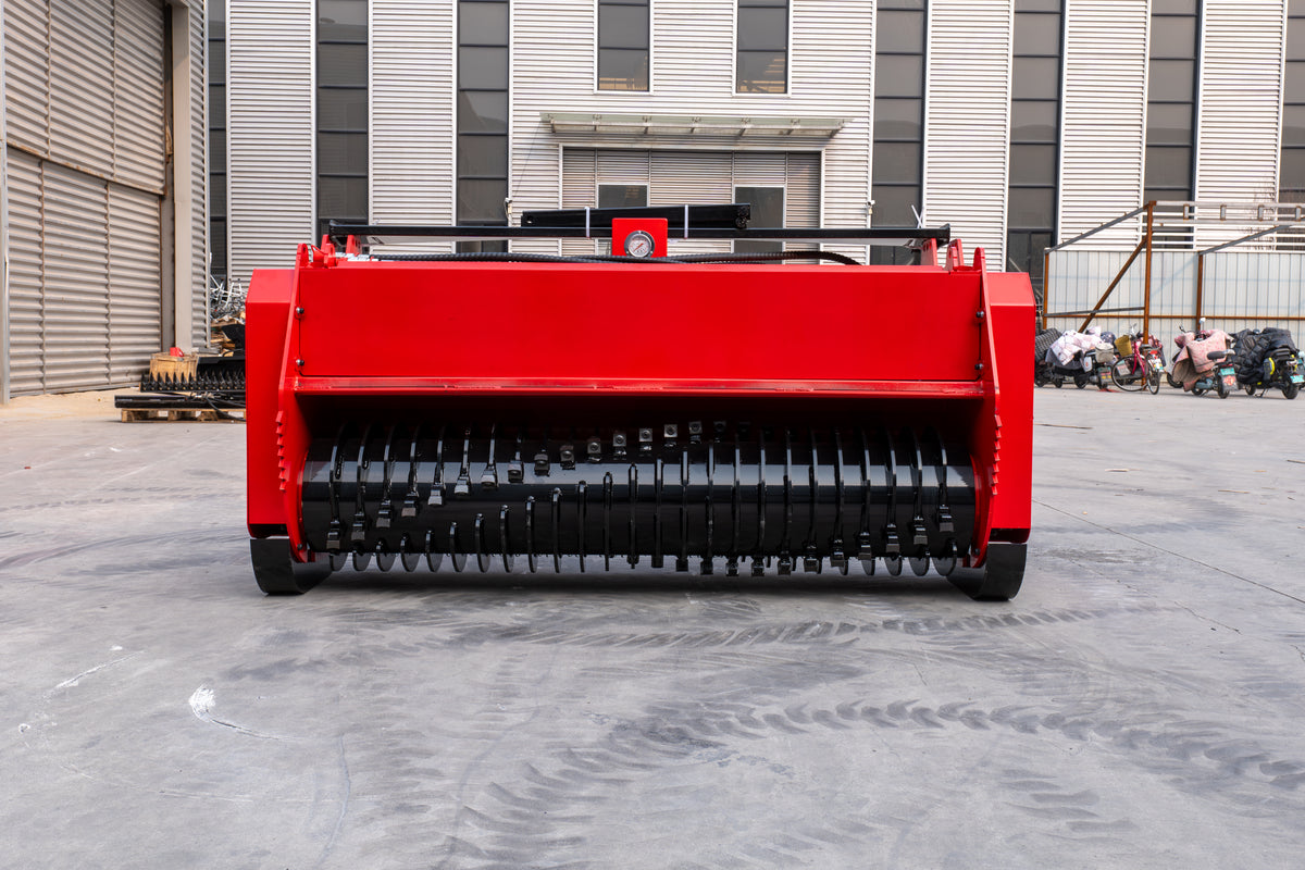 Red 72-inch skid steer mulcher attachment with black cutting drum and universal mount