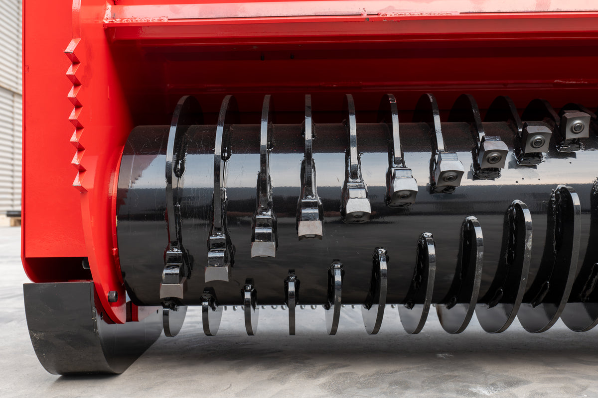 72-inch skid steer mulcher attachment with black cutter drum and steel teeth