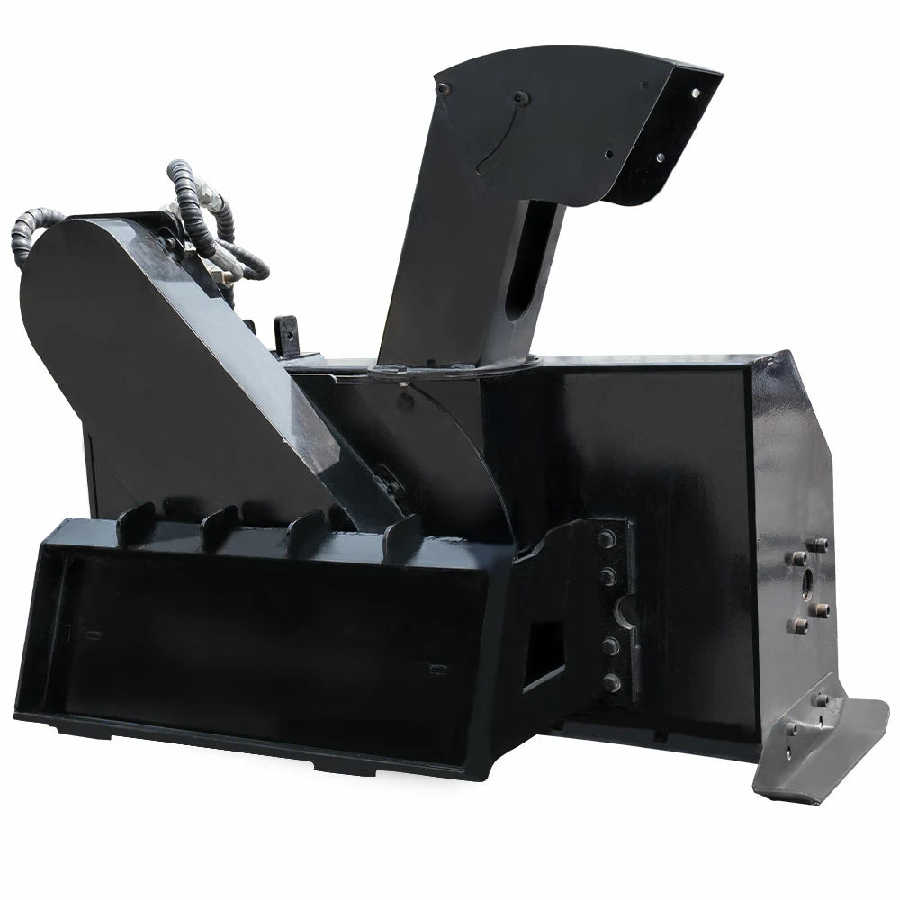 Black MMS skid steer snow blower attachment with angled chute and hydraulic hoses