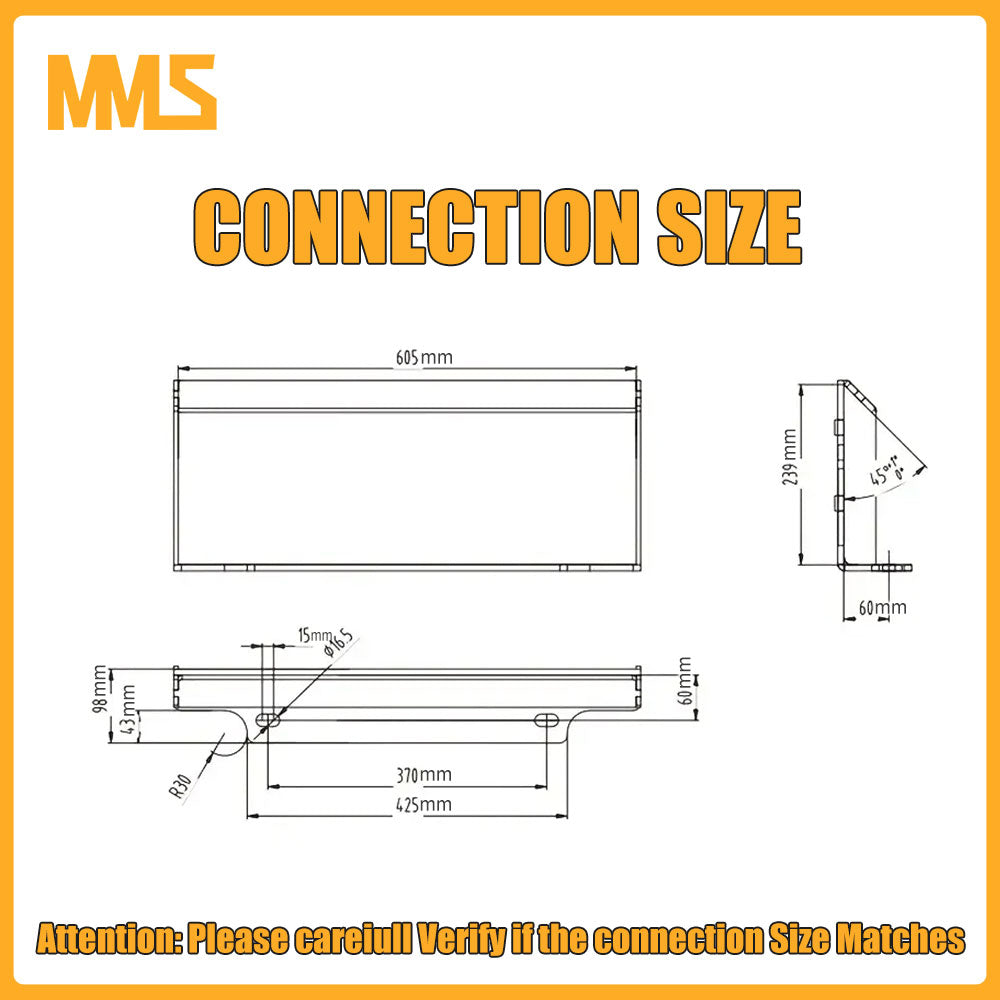 MMS mini skid steer attachment connection size diagram with dimensions
