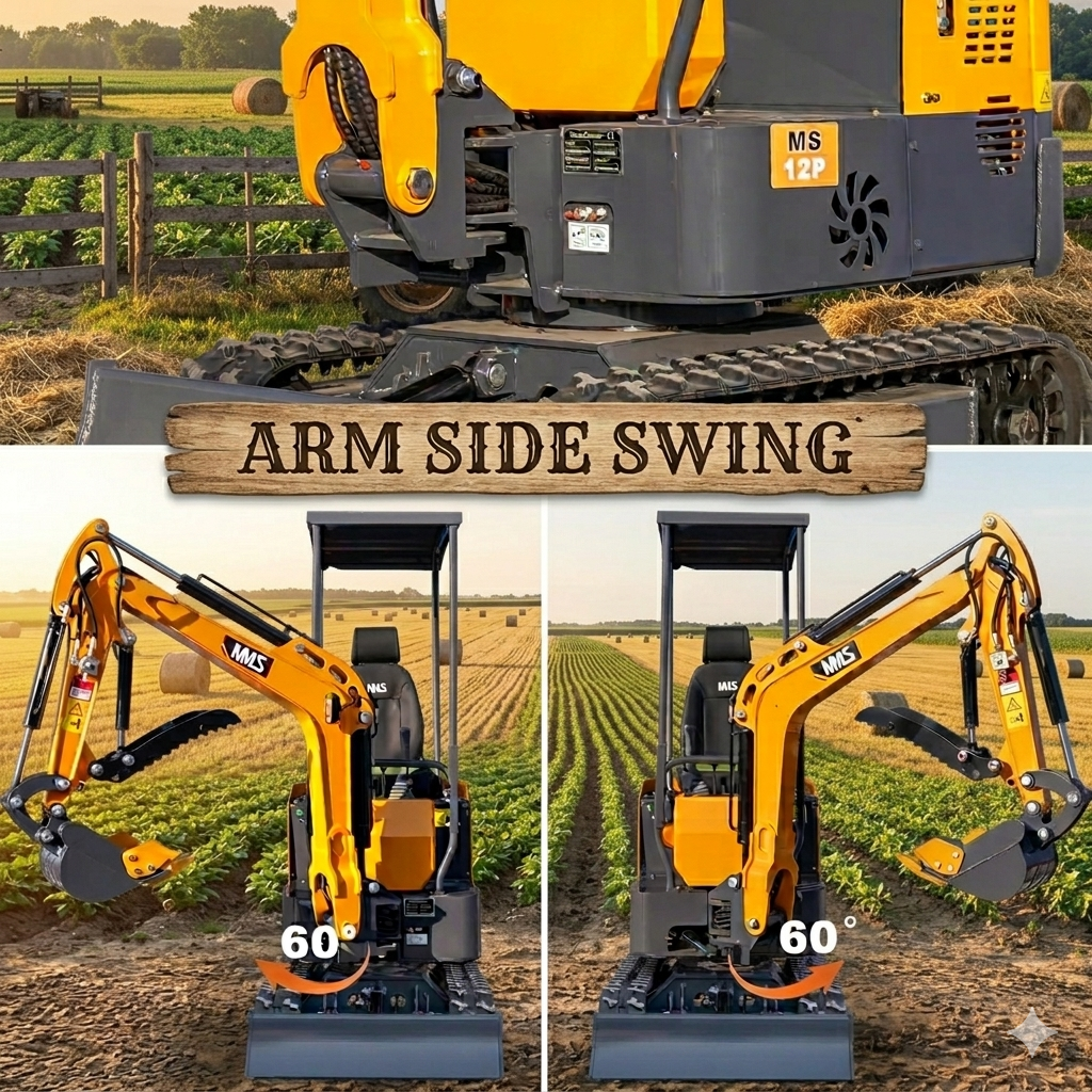 MS12P mini excavator with side swing boom, hydraulic thumb, and 60° arm swing
